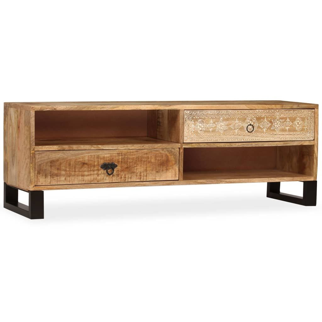 TV cabinet in solid natural mango wood with black steel legs, two open shelves and two drawers