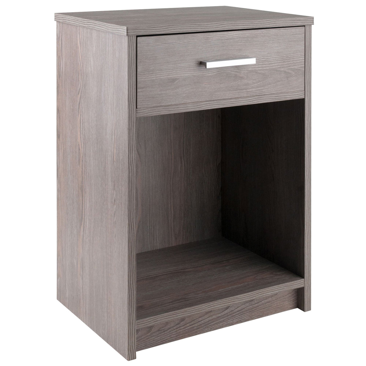 Rennick Accent Table in ash gray finish with a single drawer and metal bar pull by Doba