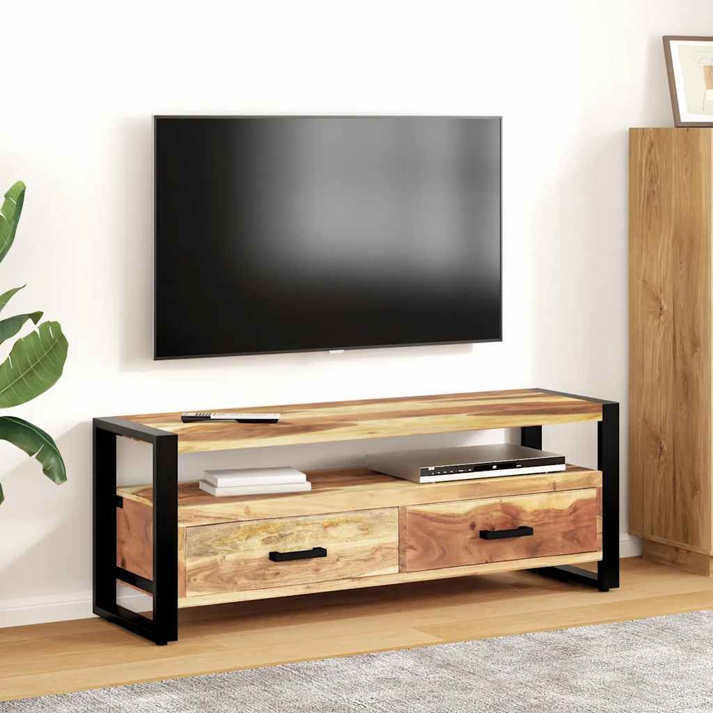 TV cabinet honey finish solid acacia wood with black metal frame, medium size, two-drawer storage