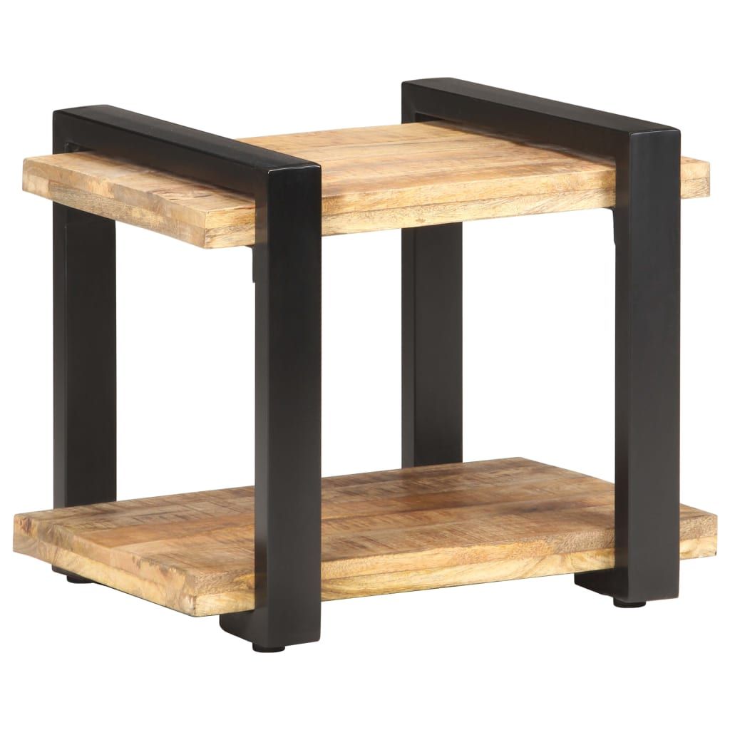 Bedside cabinet with natural rough mango wood shelves and black iron frame, industrial style