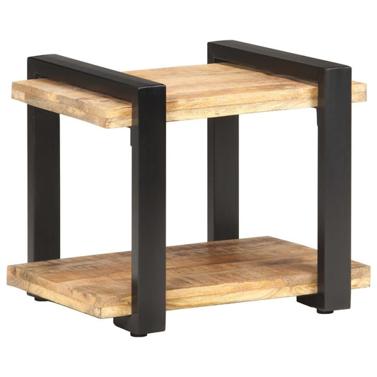 Bedside cabinet with natural rough mango wood shelves and black iron frame, industrial style