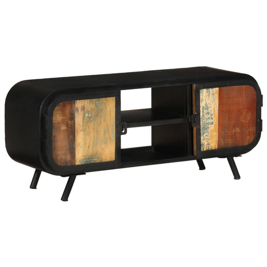 TV cabinet with black finish and rustic wood-paneled doors, mid-century legs, open center shelf.