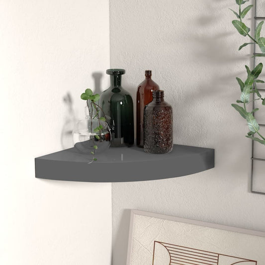 Corner shelf, small, high-gloss grey honeycomb MDF with metal, wall-mounted, displaying glass bottles.