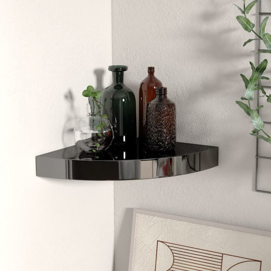 Corner shelf small high-gloss black honeycomb MDF with metal accents