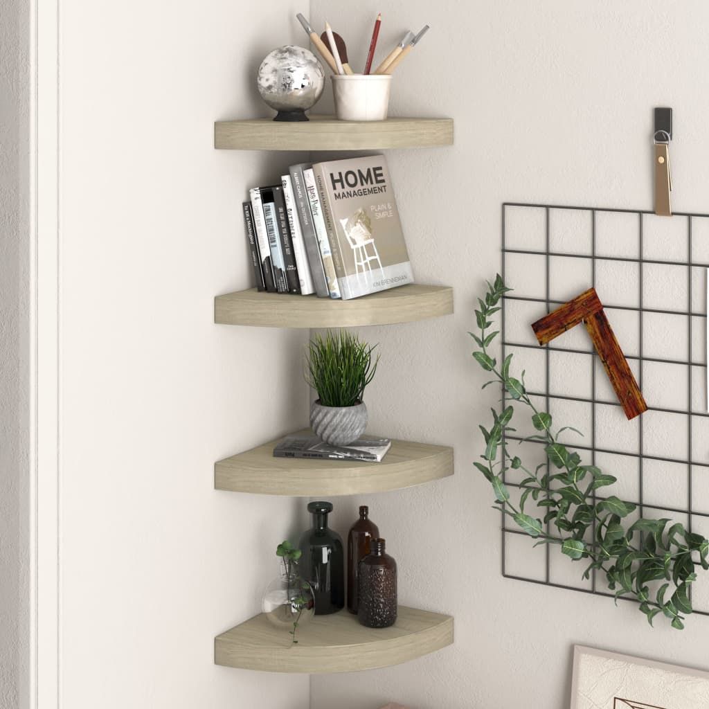 Corner shelf set of 4 in oak honeycomb MDF, 9.8 in each, floating wall shelves