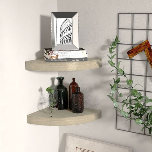 Corner shelf set of 2 in oak honeycomb MDF with metal accents, curved floating shelves displaying books and glass bottles