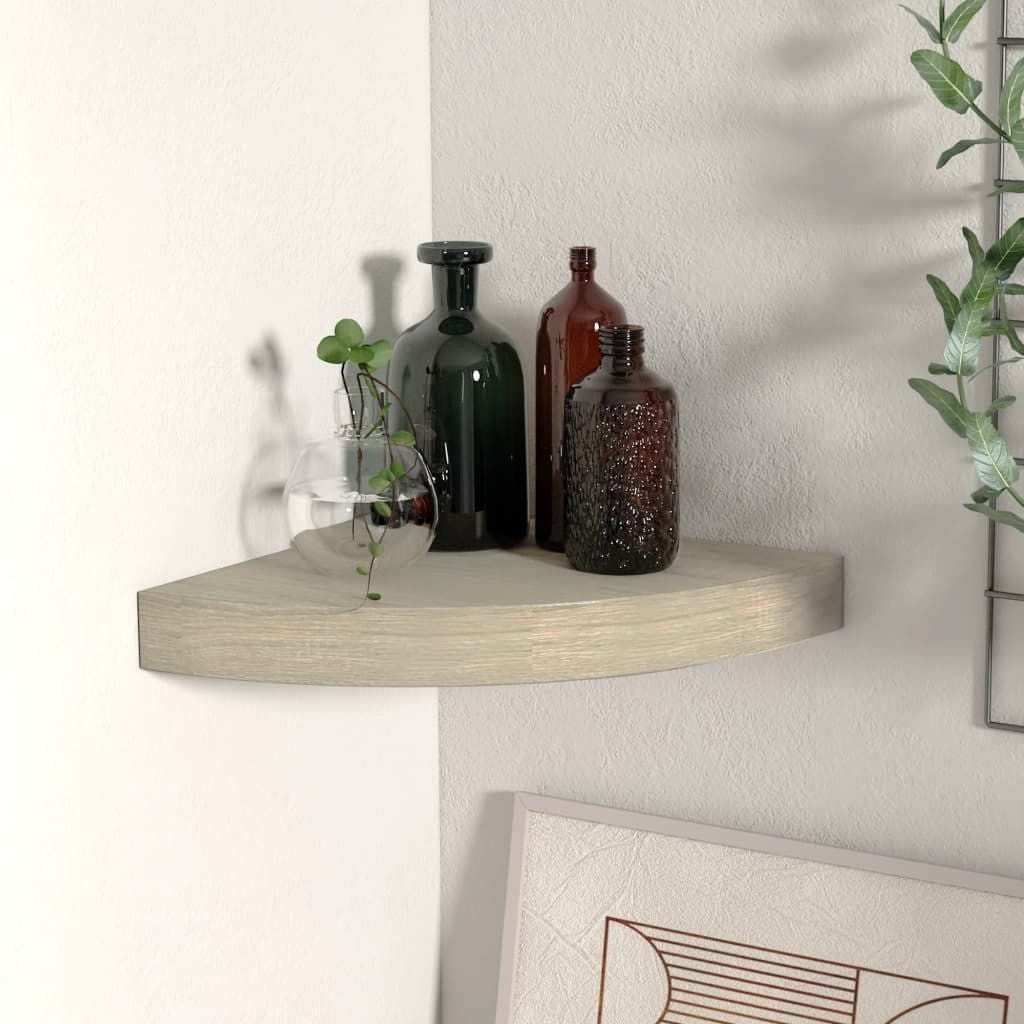 Corner shelf Oak honeycomb MDF, curved wood shelf with three bottles and a glass vase