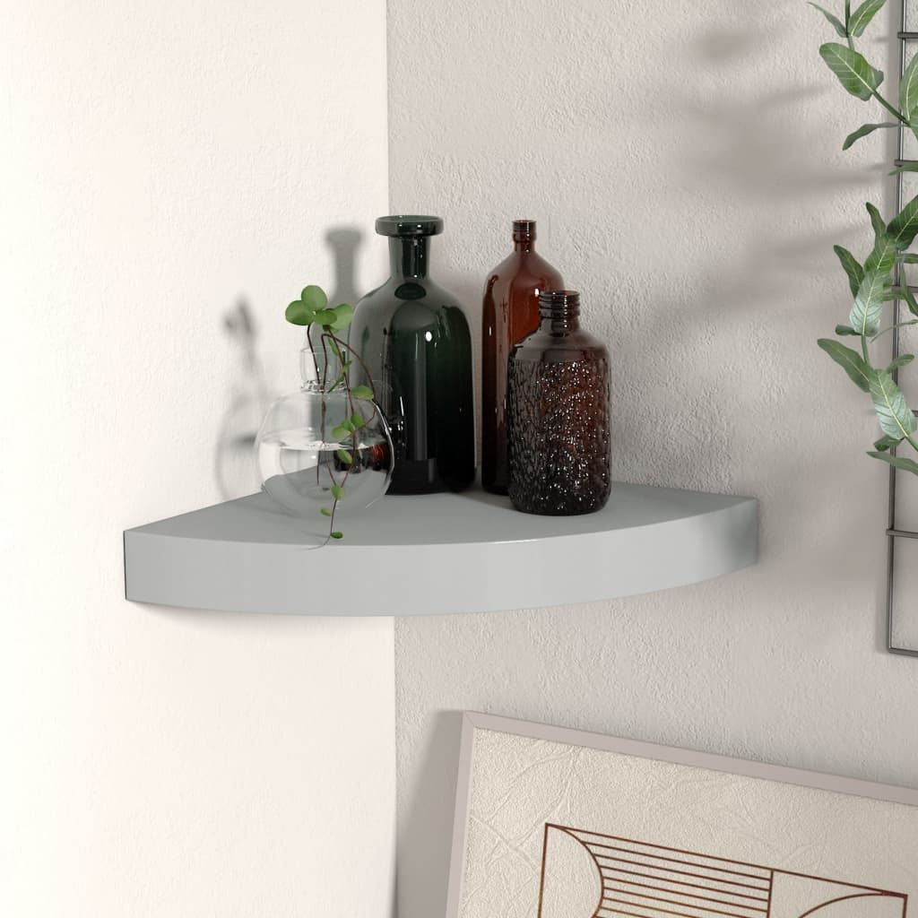 Corner shelf grey honeycomb MDF with metal mount, medium wall-mounted, holds 4 glass bottles and a vase