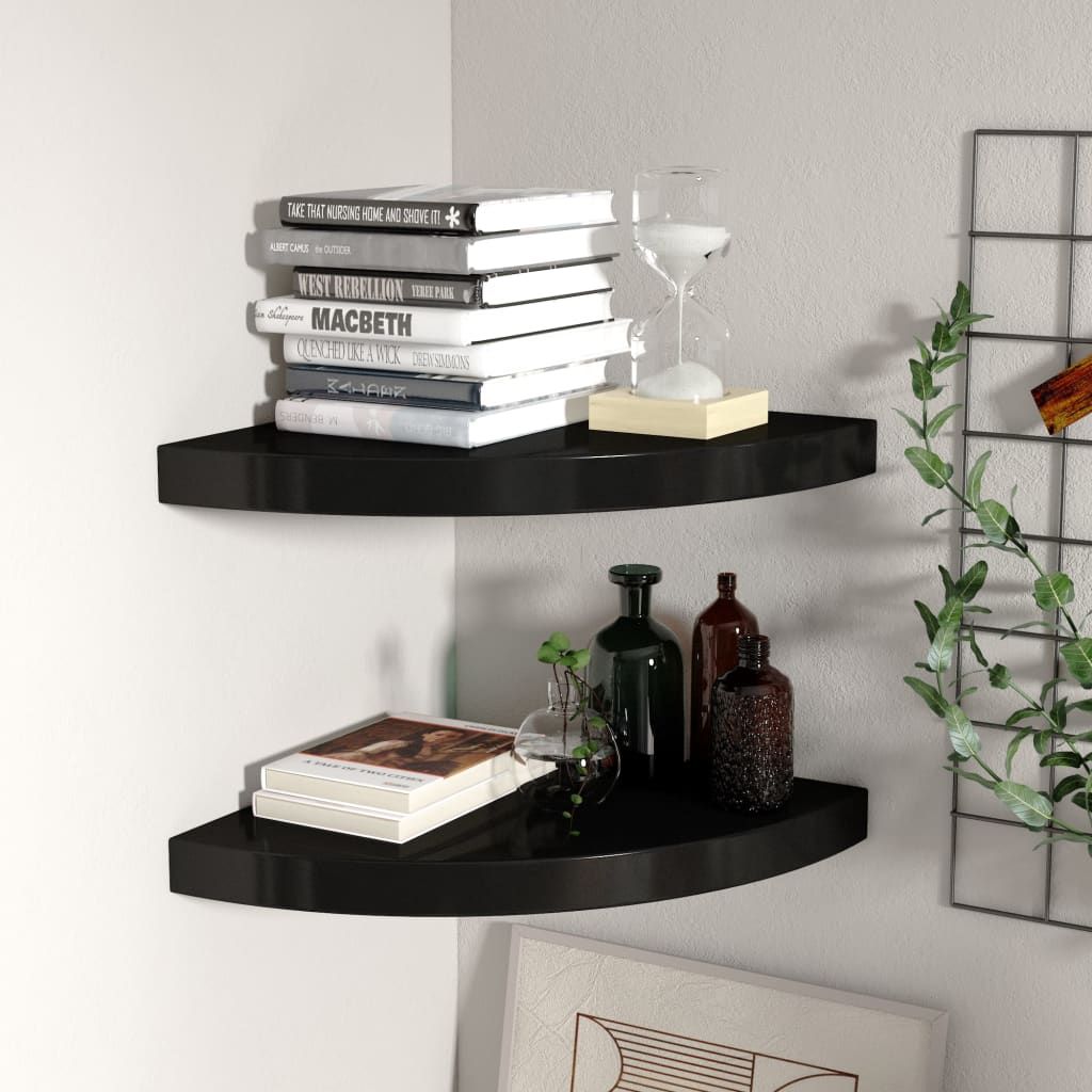 Corner shelf set of 2 in black honeycomb MDF with metal frame, 14 in length — Doba