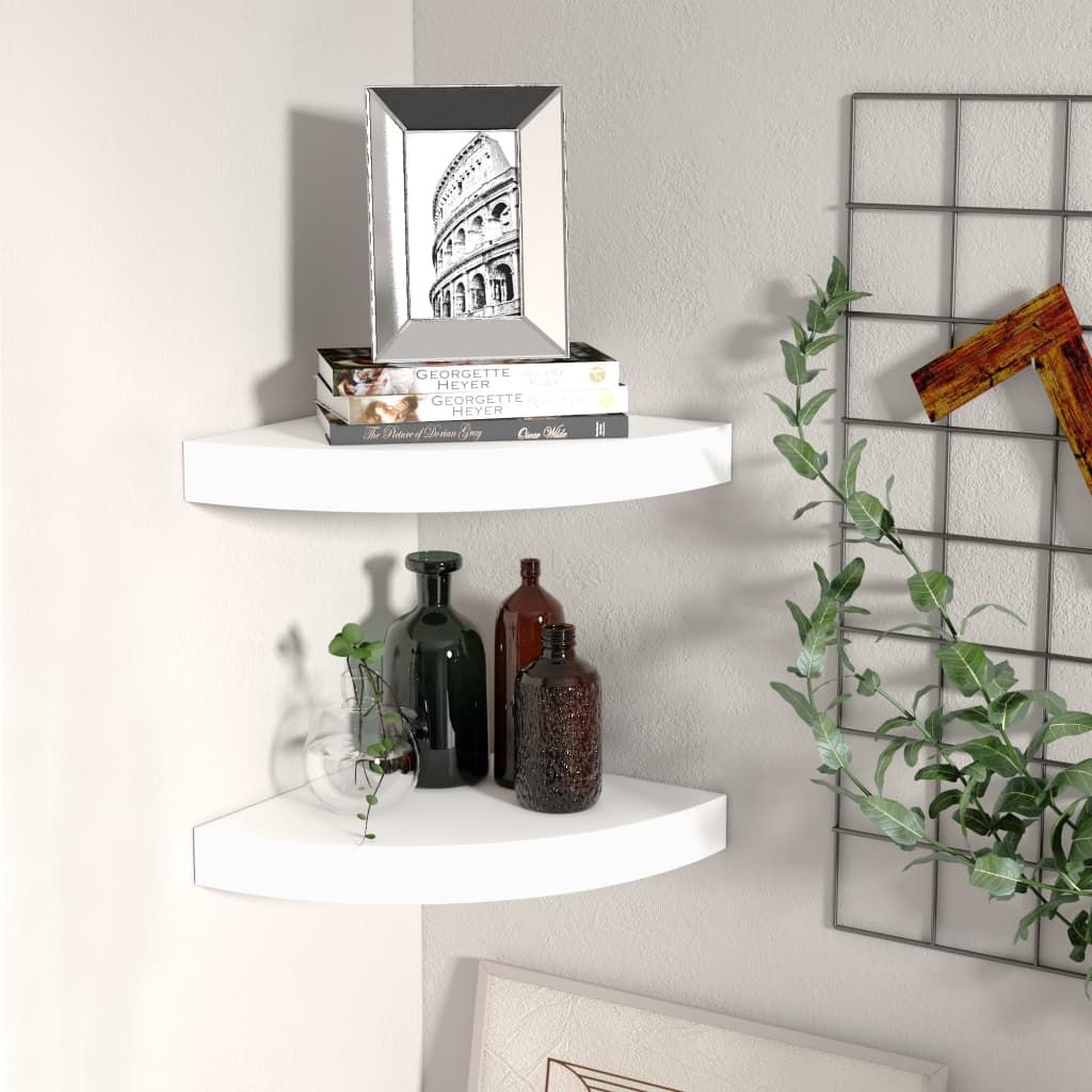 Corner shelf set of 2 white honeycomb MDF shelves with metal accents