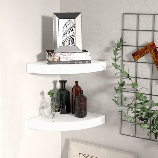 Corner shelf set of 2 white honeycomb MDF shelves with metal accents