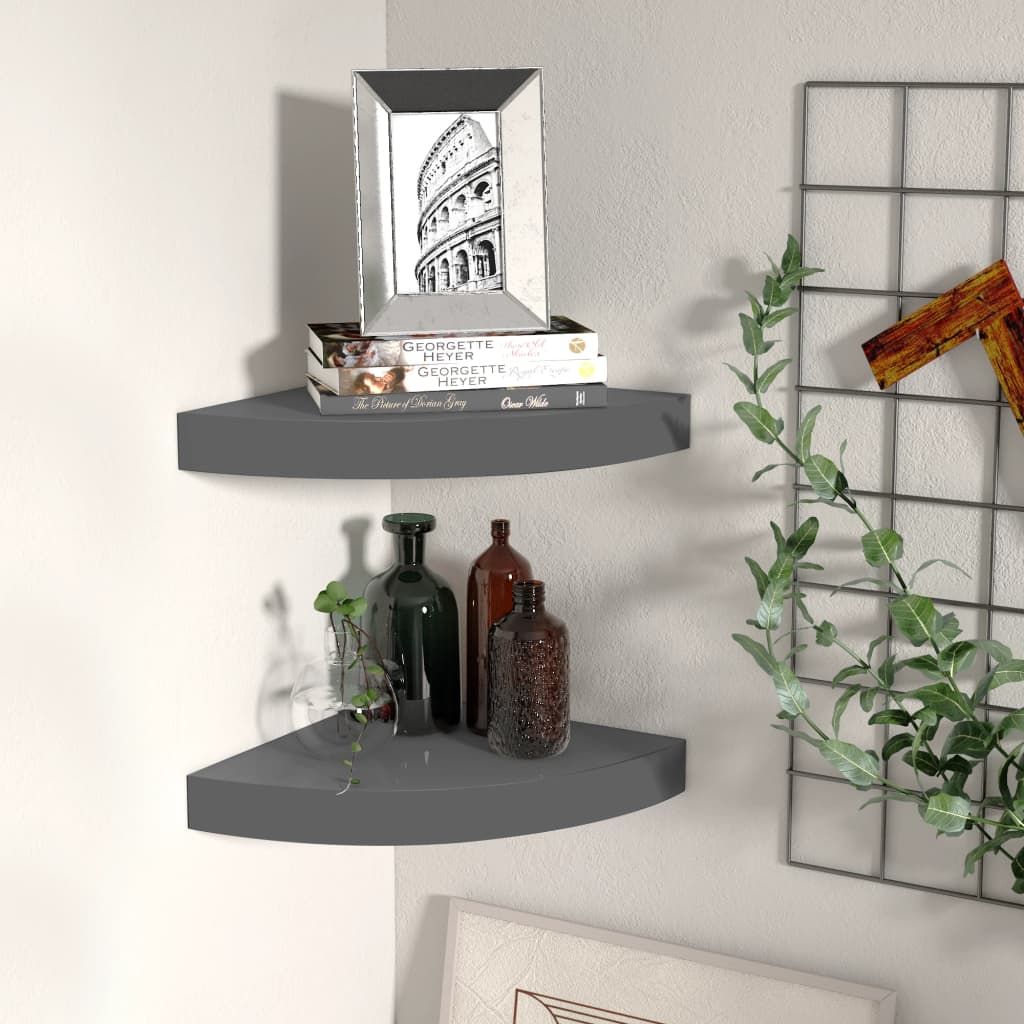 Corner Shelf Set of 2 by Doba, high-gloss grey honeycomb MDF with metal, floating curved shelves
