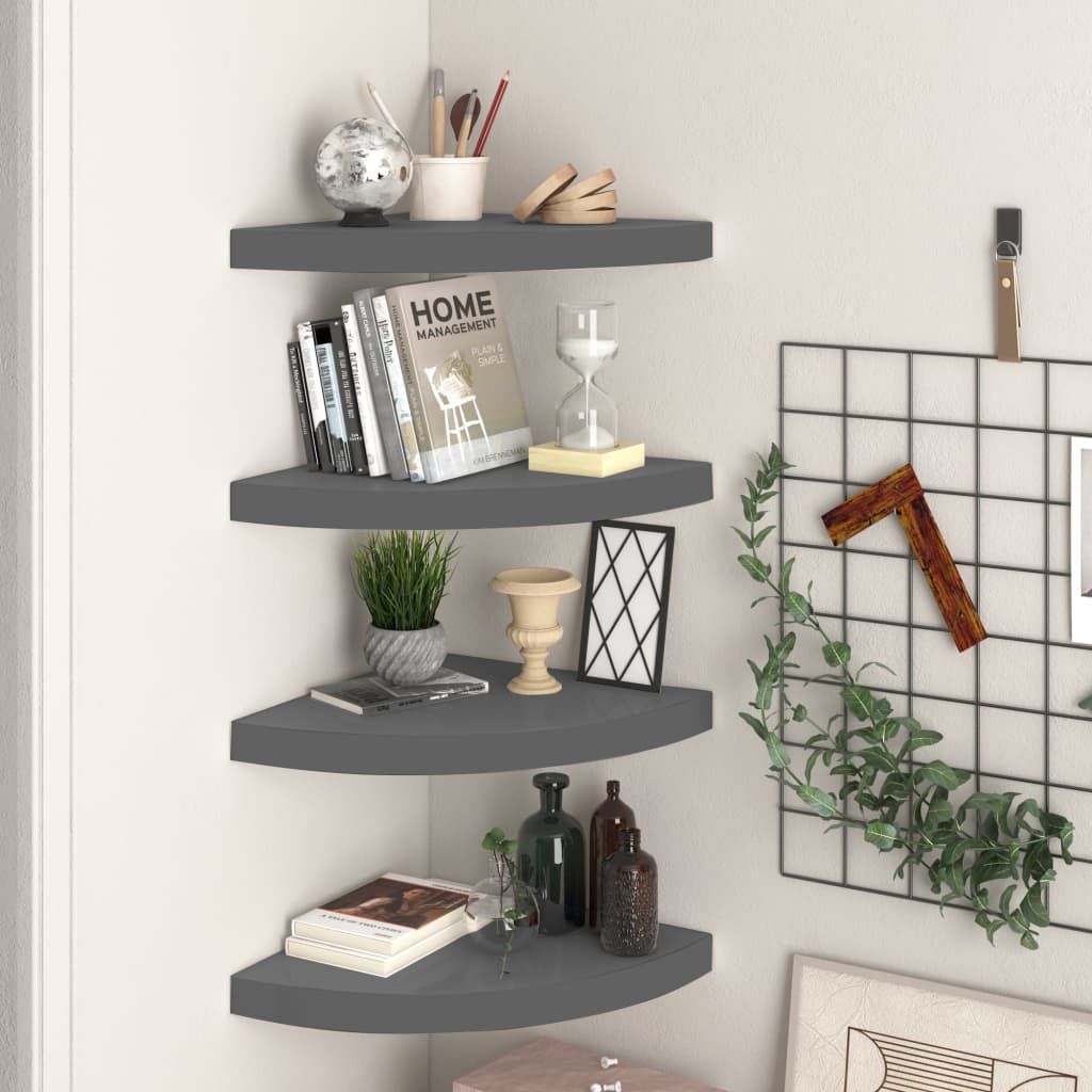 Corner floating shelf set of 4 in high-gloss grey honeycomb MDF with metal supports