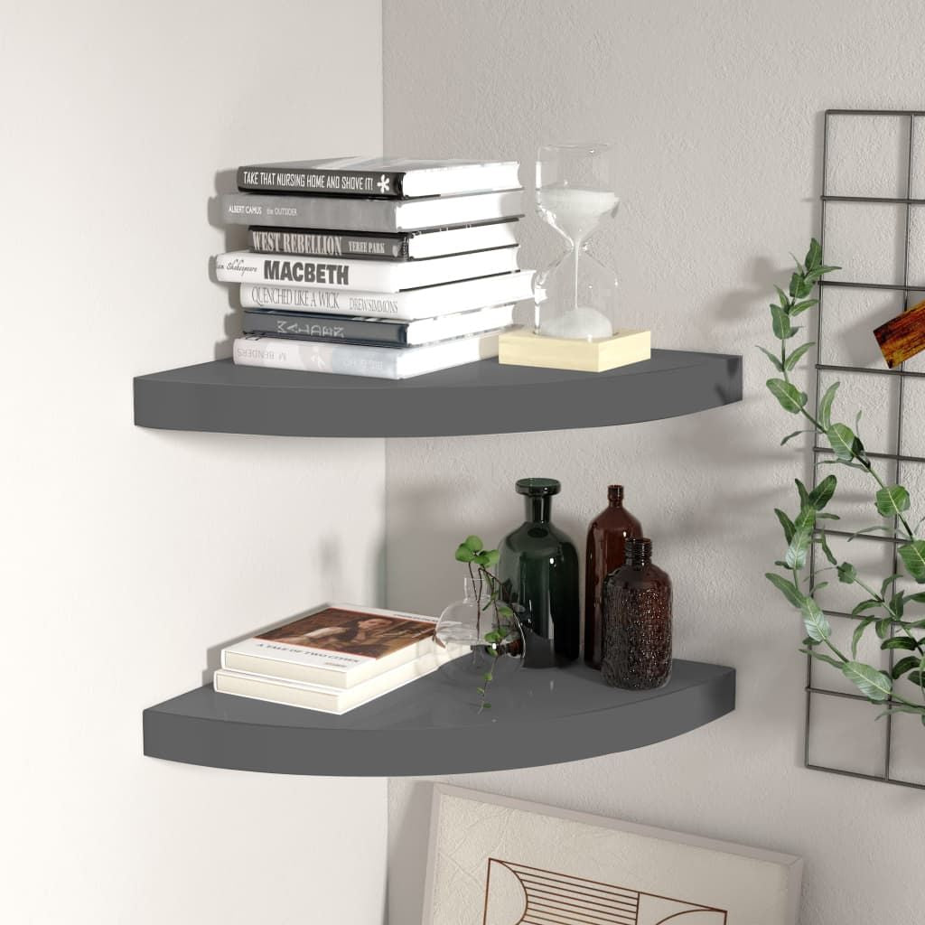 Doba corner shelf set of 2, high-gloss grey honeycomb MDF floating corner shelves with metal accents