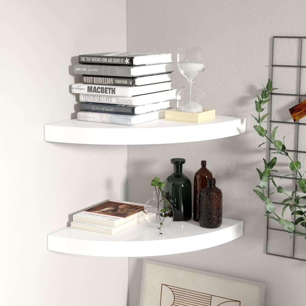 Corner shelf set of 2, high-gloss white honeycomb MDF wall-mounted shelves by Doba