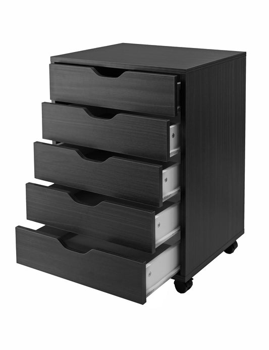 Halifax black 5-drawer cabinet on casters for closet or office storage.