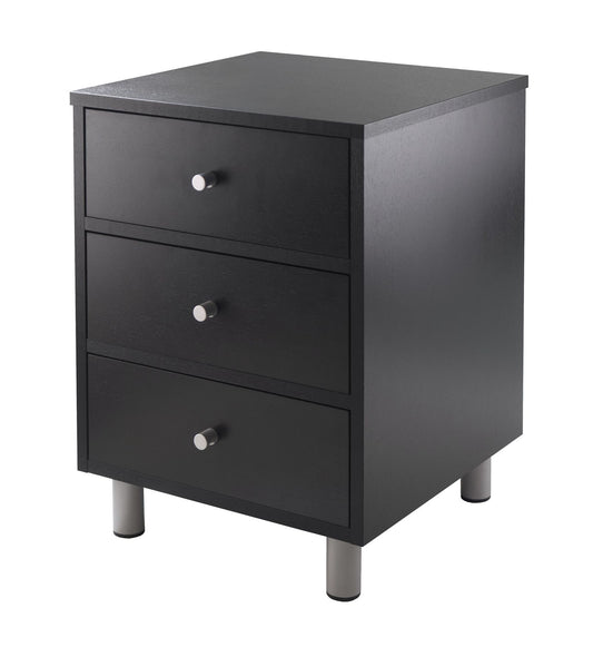 Daniel Accent Table with 3 Drawers in black finish, featuring silver knob pulls and gray legs