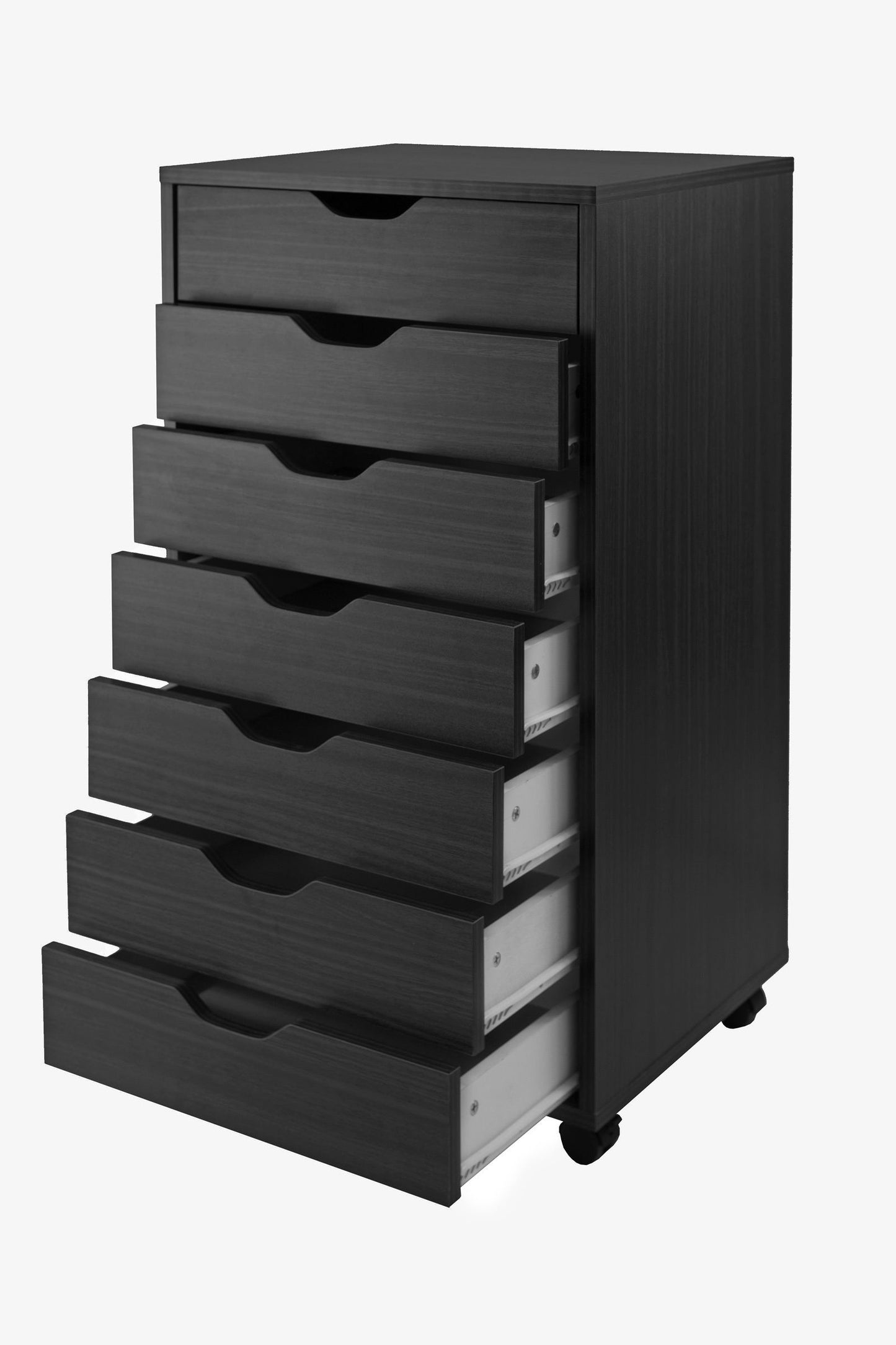 Halifax 7-drawer cabinet on casters in black wood finish
