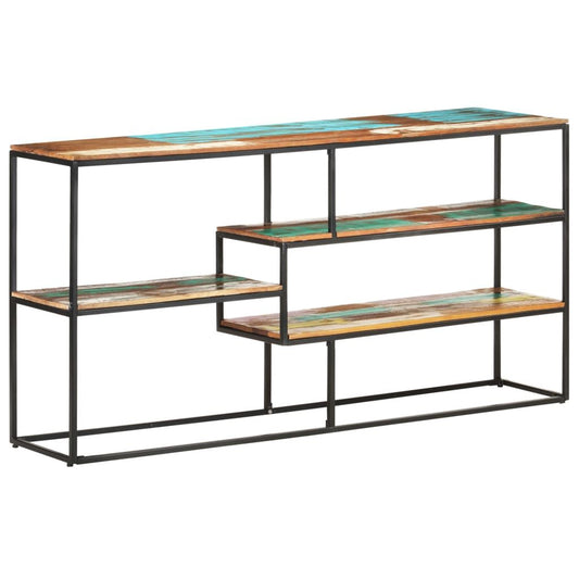 Sideboard with mixed-color reclaimed wood panels and black powder-coated steel frame