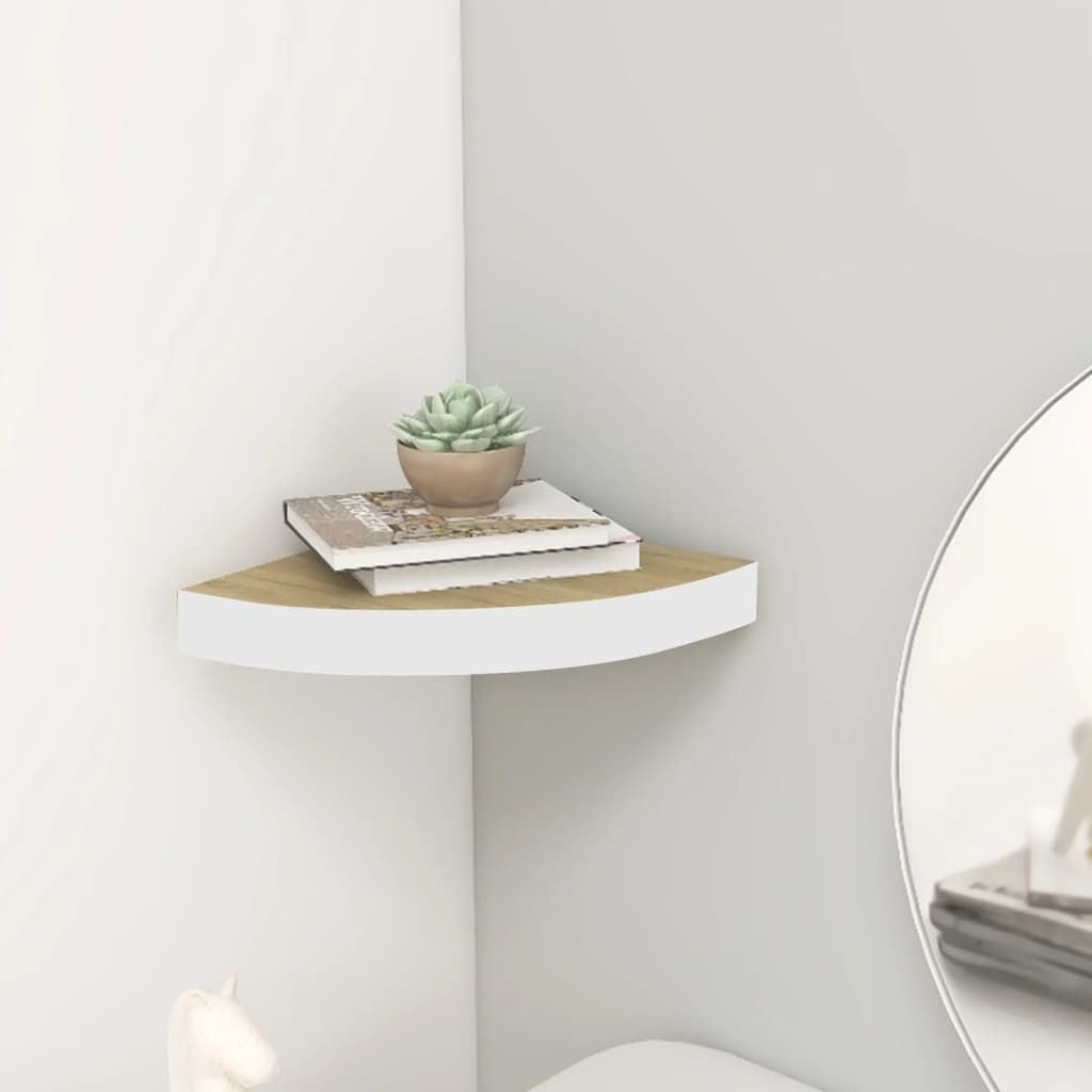Wall corner shelf Oak and White MDF by Doba, 13.7x13.7x1.4 in, in-corner display with a plant and magazines.