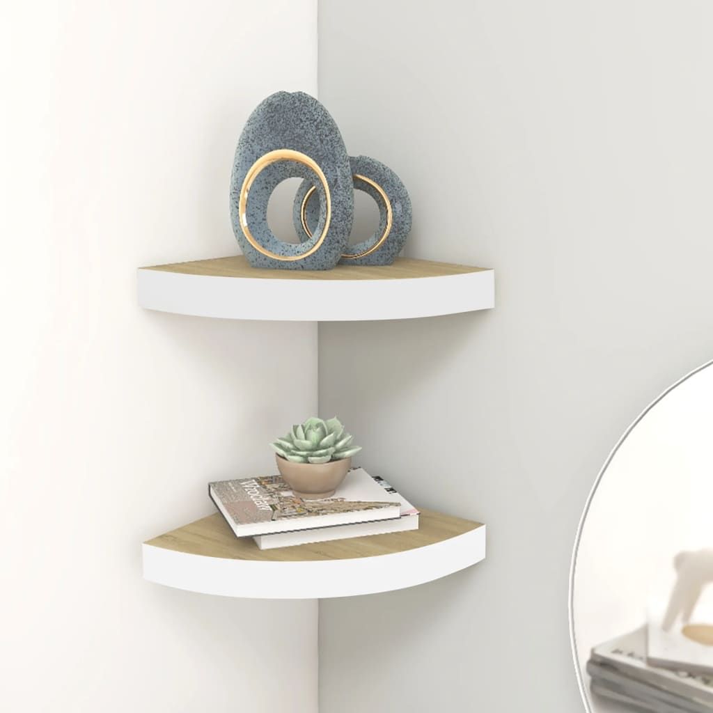 Wall corner shelf set of 2 in oak and white honeycomb MDF with metal accents