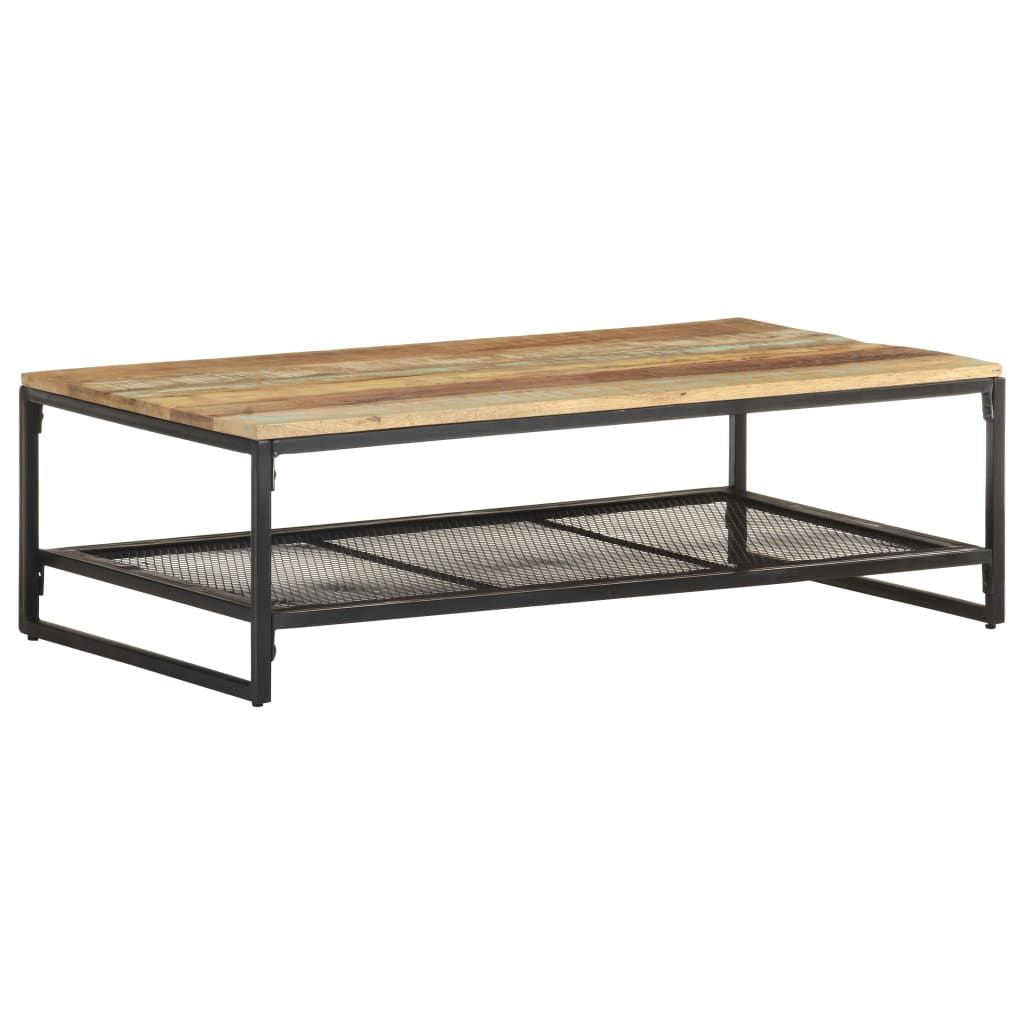 Coffee table with solid reclaimed wood top and iron frame, lower metal mesh shelf