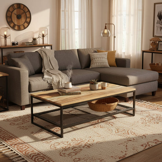 Coffee table with solid reclaimed wood top and iron frame, lower metal mesh shelf