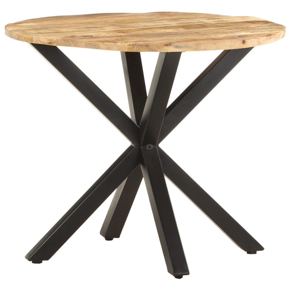 Round side table with natural wood top and black powder-coated iron X-base.