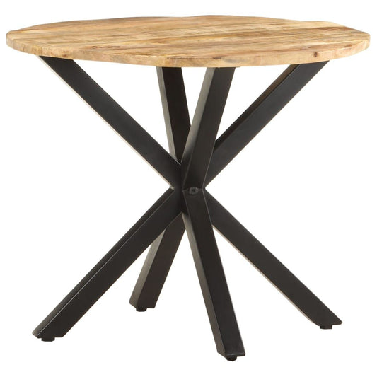 Round side table with natural wood top and black powder-coated iron X-base.