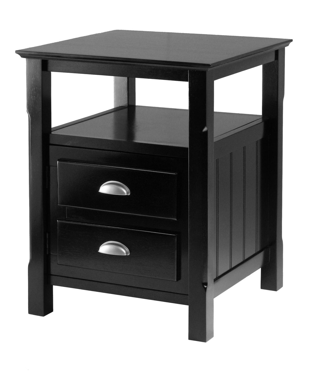 Timber Night Stand by Doba, black wood with two drawers and open shelf