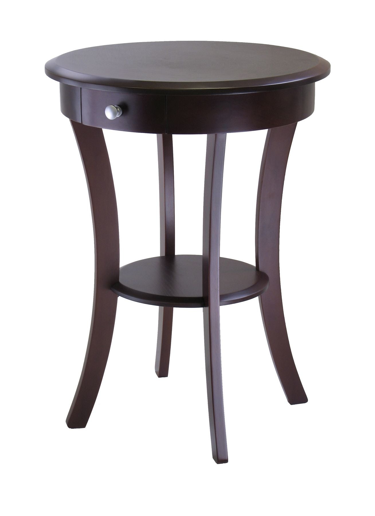 Sasha Round Accent Table by Doba, dark espresso finish with single drawer and lower shelf.