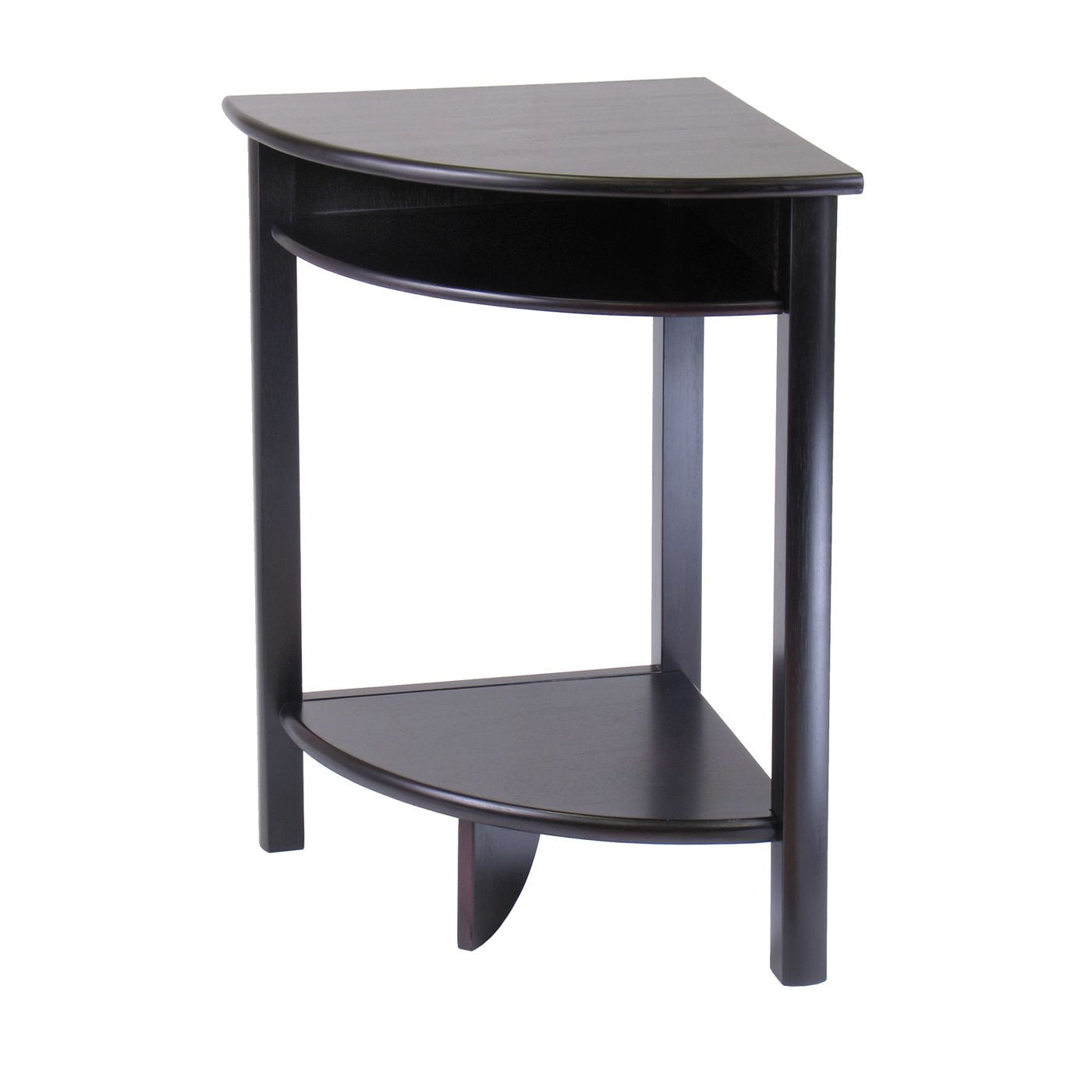 Liso Corner Table by Doba with cube storage and two curved shelves in dark wood.