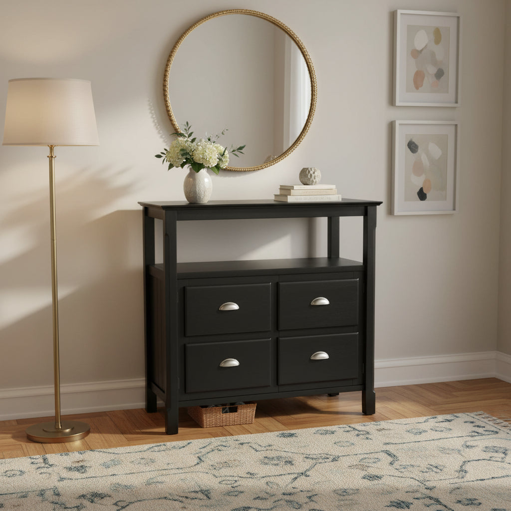 Timber buffet table by Doba in black finish with open upper shelf and four drawers