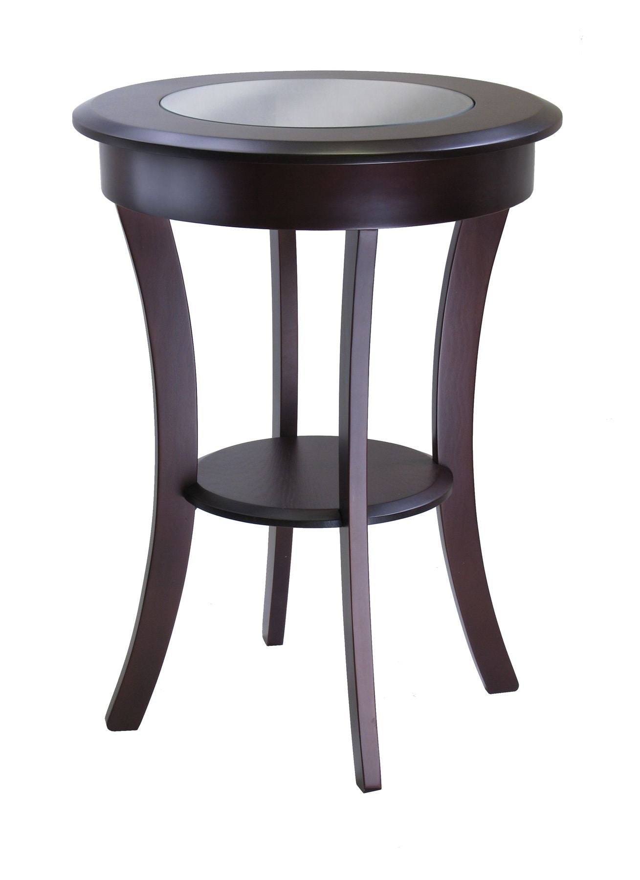 Cassie Round Accent Table with Glass, dark espresso wood with a glass-inset top and lower shelf