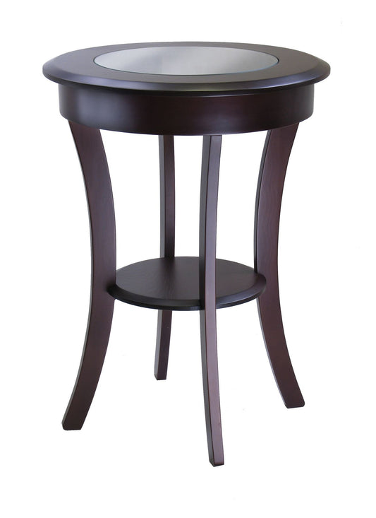 Cassie Round Accent Table with Glass, dark espresso wood with a glass-inset top and lower shelf