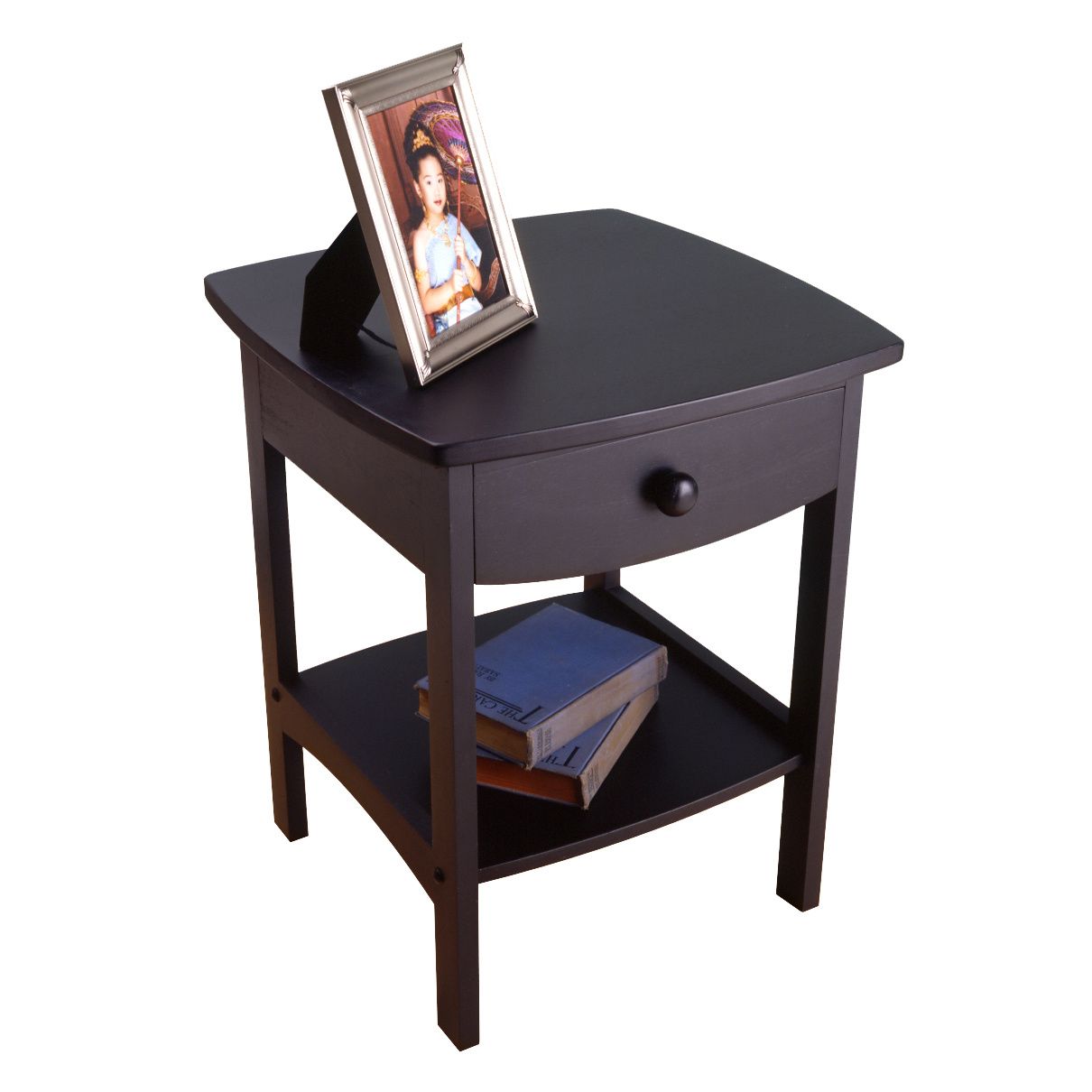 Claire Accent Table, black finish, with a single drawer and lower shelf