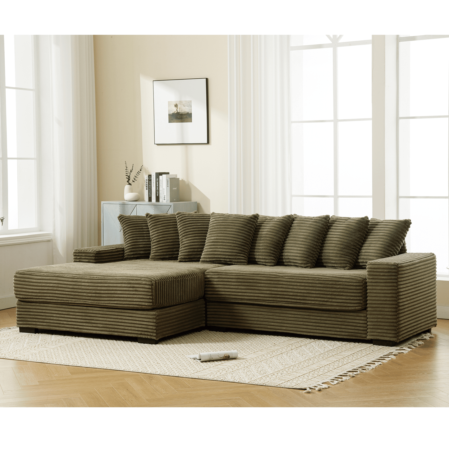 Oversized L-shaped corduroy sofa with left chaise, eight throw pillows, brown corner sectional.