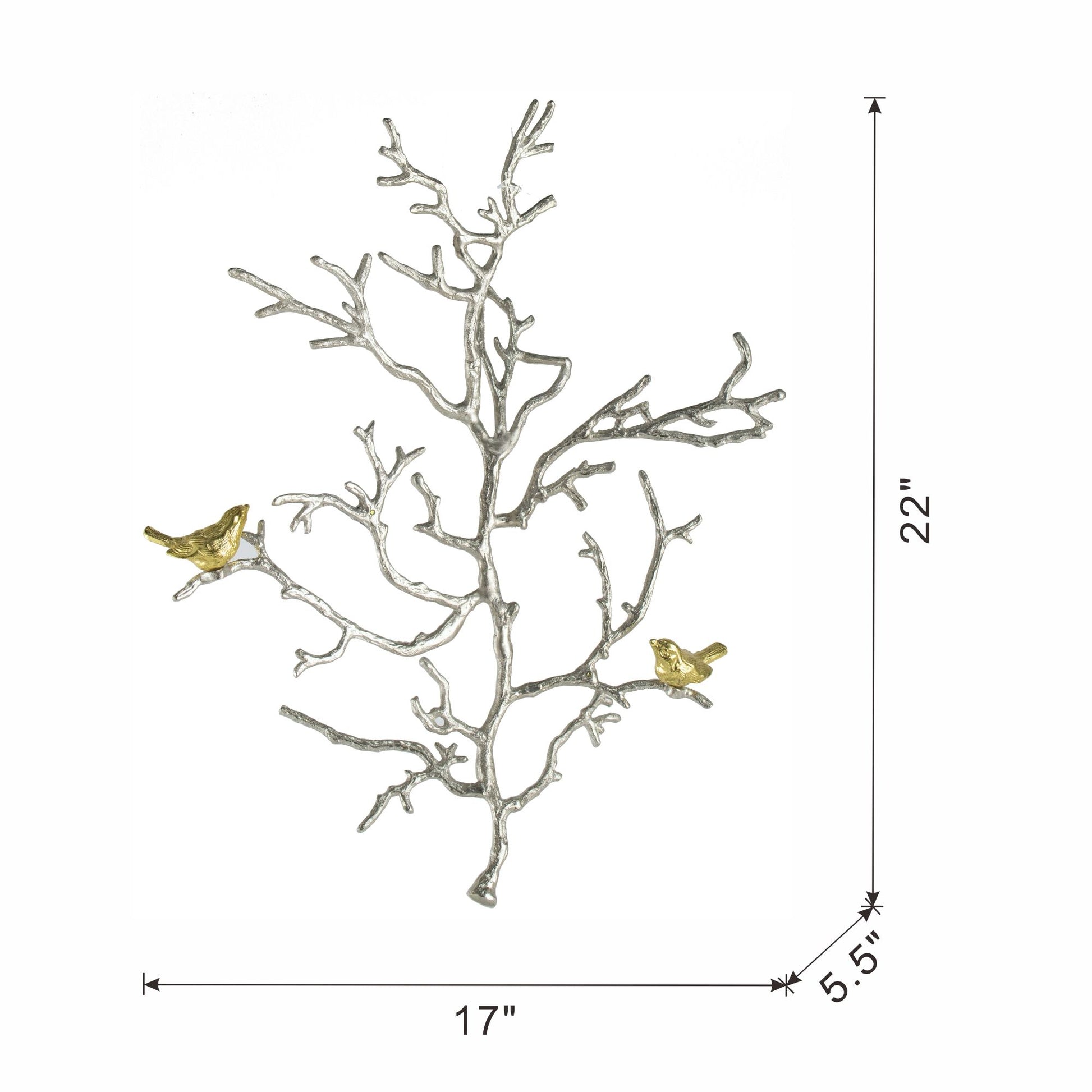 Set of 2 metal branch wall sculptures with silver branches and gold bird accents