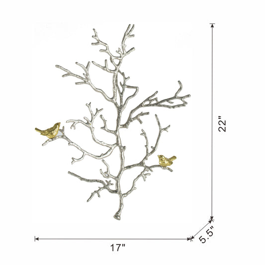 Set of 2 metal branch wall sculptures with silver branches and gold bird accents