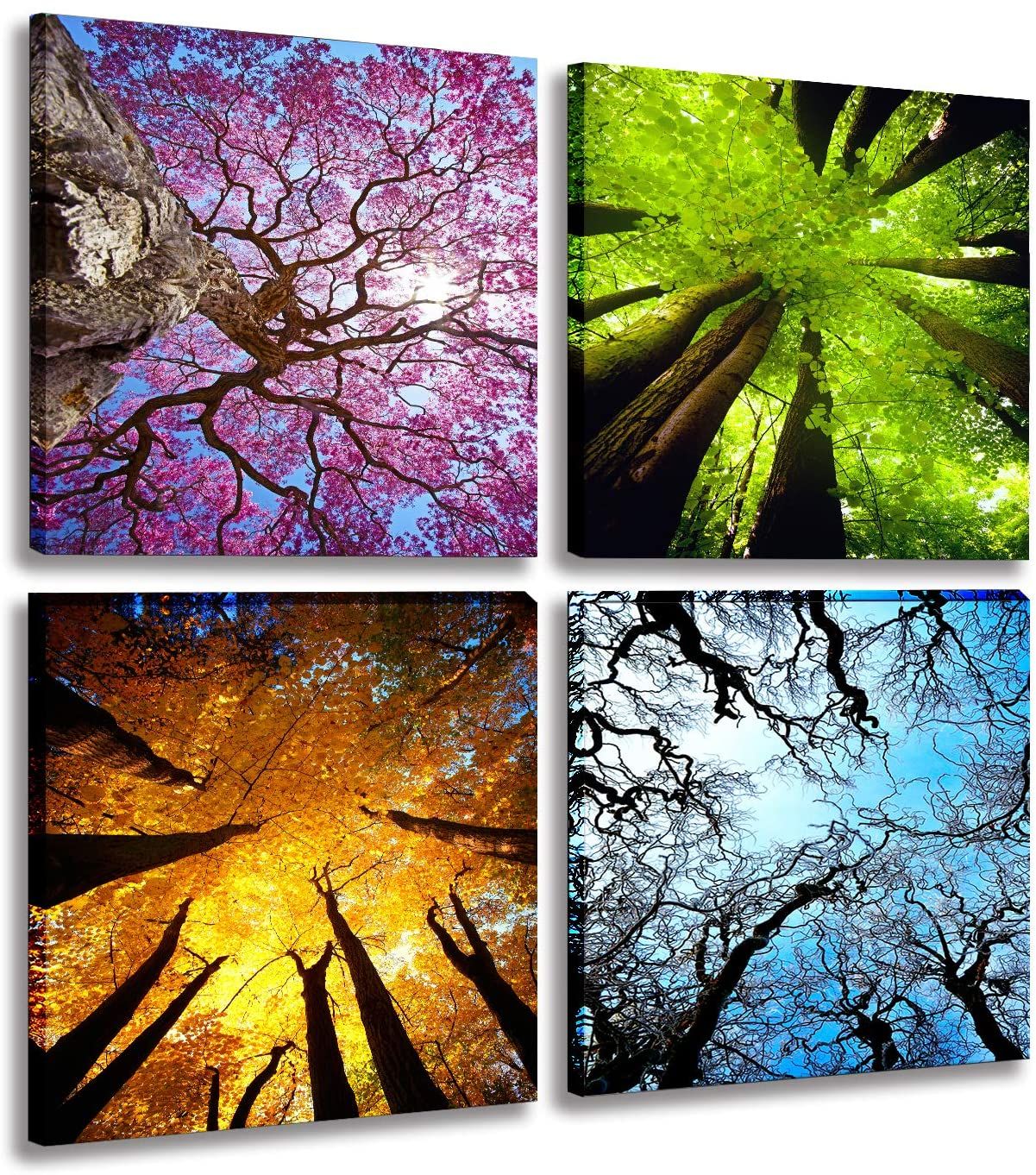 4-panel canvas wall art set showing four seasons tree landscape, stretched giclee prints