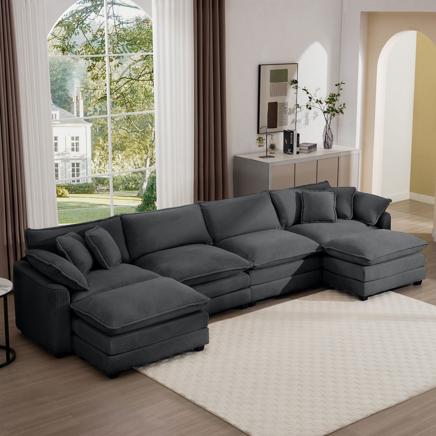 Corduroy sofa, dark gray fabric 4-seat sectional with 3 footstools in a modern living room