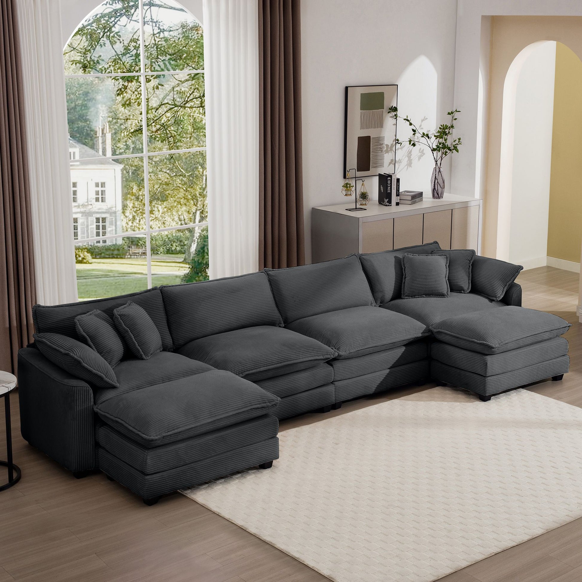 Corduroy sofa, dark gray fabric 4-seat sectional with 3 footstools in a modern living room