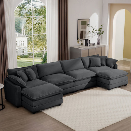 Corduroy sofa, dark gray fabric 4-seat sectional with 3 footstools in a modern living room