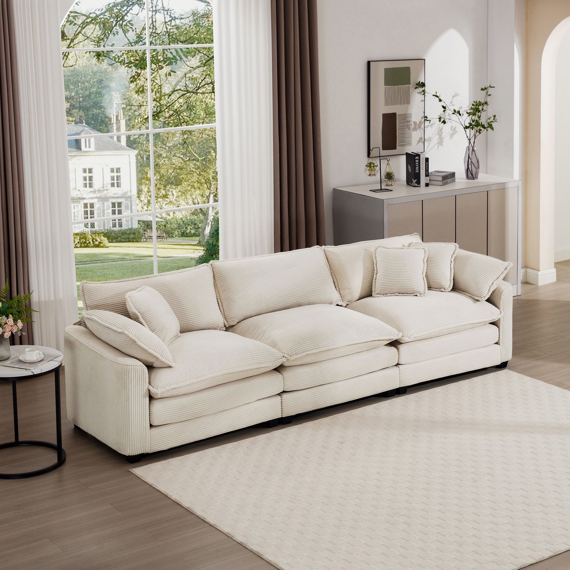 Mid-Century Modern 3-Seater Corduroy Sectional Sofa by Doba in light beige with throw pillows.