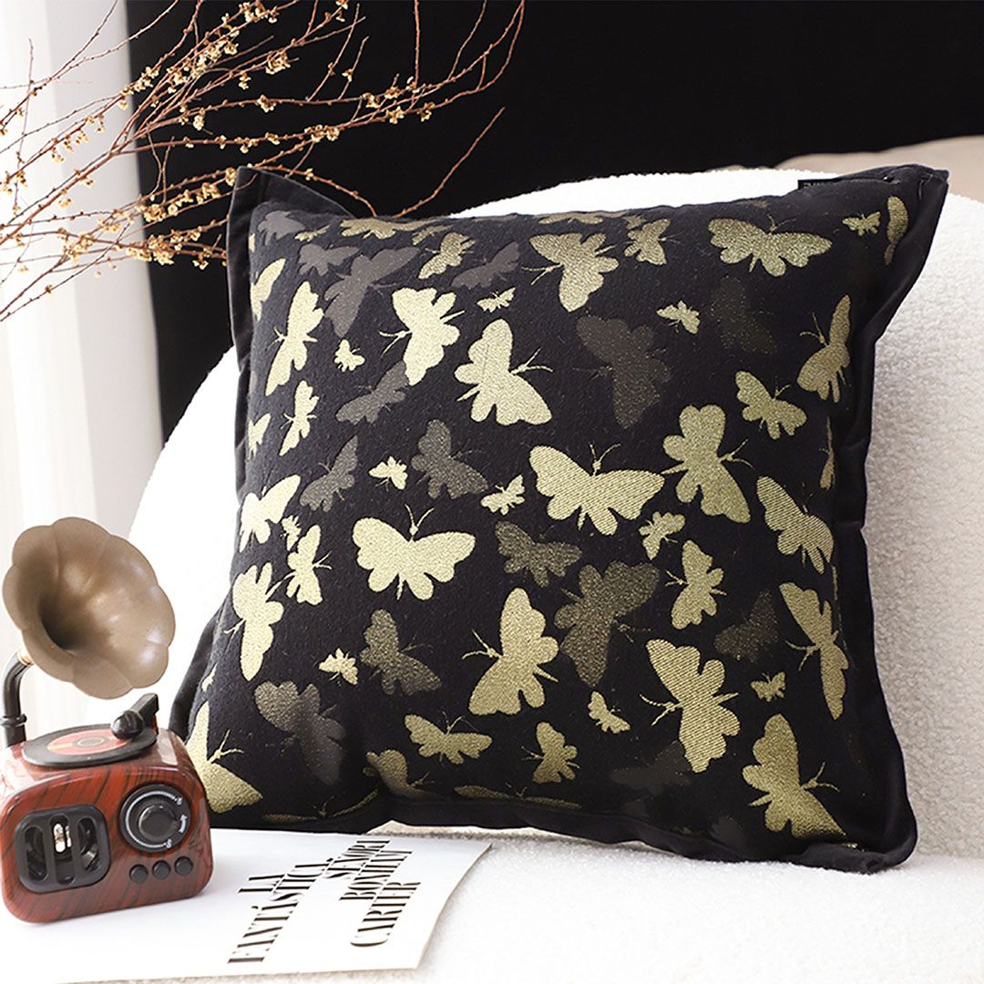 SOGA 45cm velvet butterfly throw pillow with cover, black fabric with gold butterfly pattern
