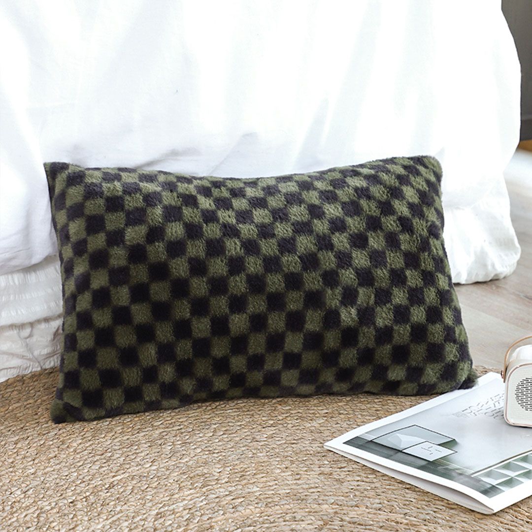 SOGA 30cm dark green checkered velvet lumbar throw pillow