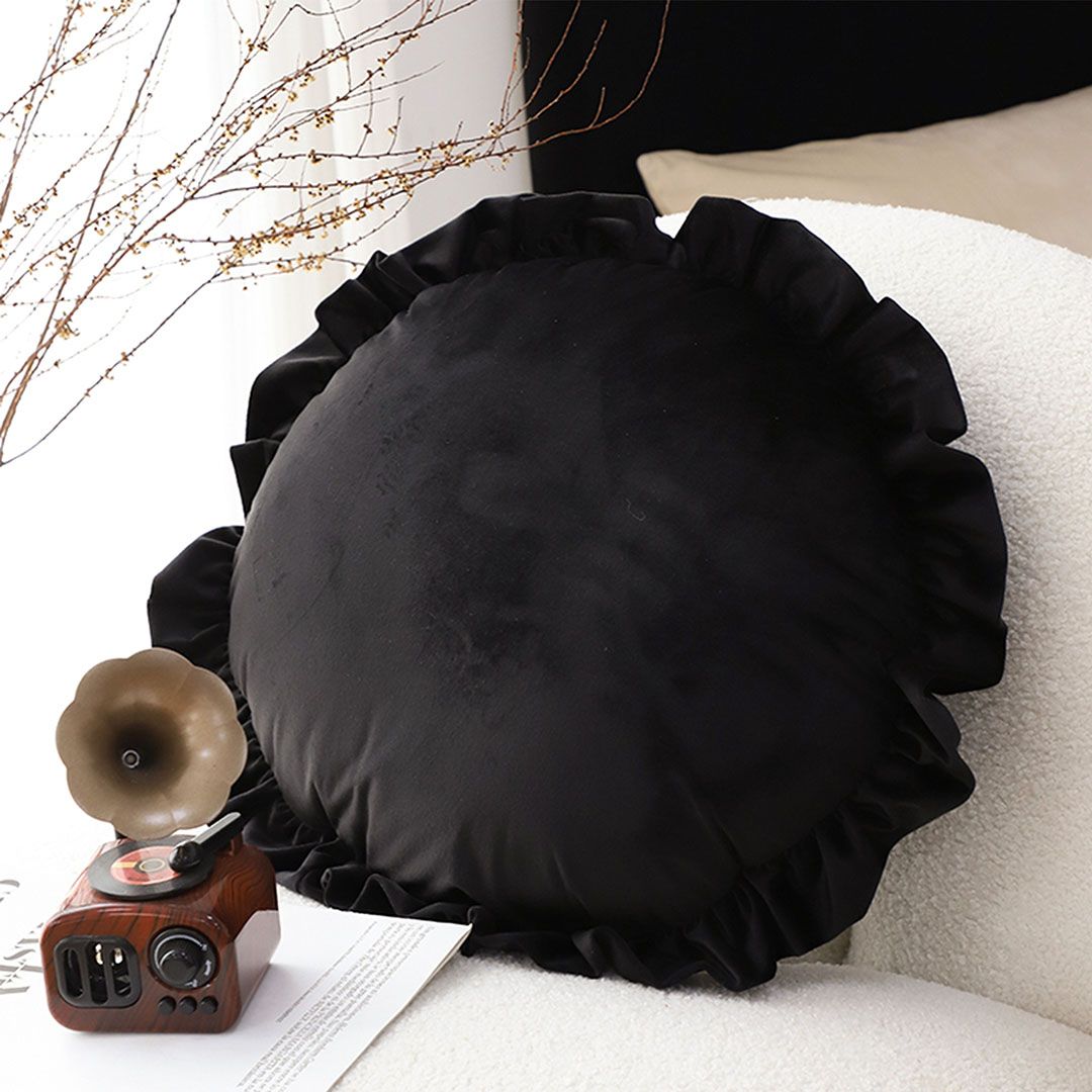 Round black velvet throw pillow with ruffled edge, 45cm