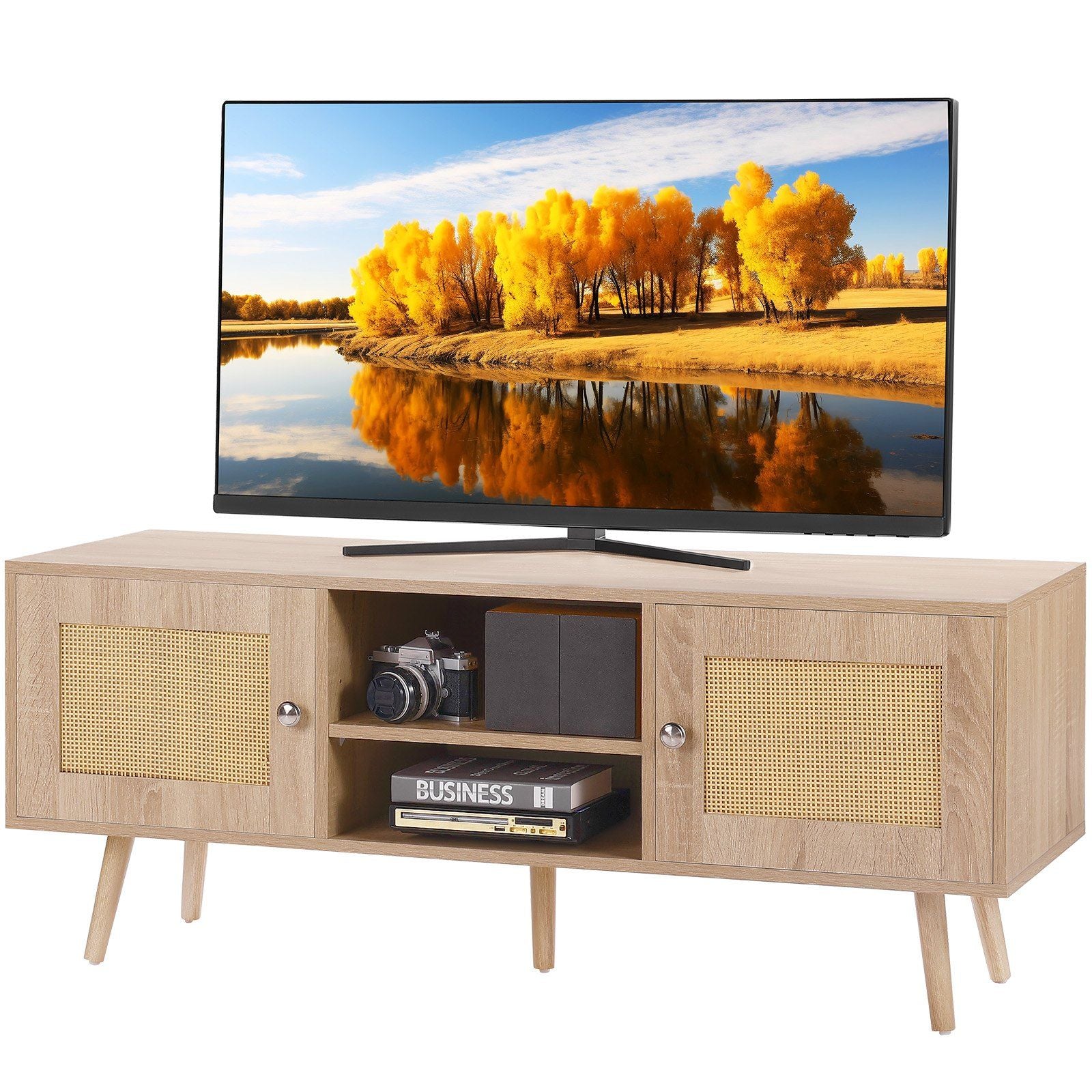 Rattan TV stand for 55 inch TV, mid-century modern natural wood console with woven cabinet doors and tapered legs