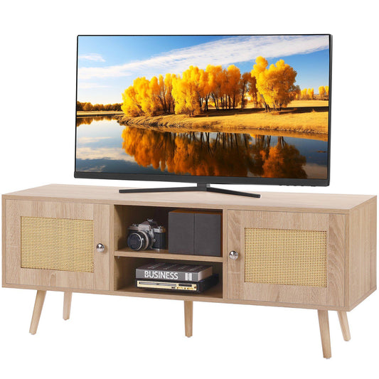 Rattan TV stand for 55 inch TV, mid-century modern natural wood console with woven cabinet doors and tapered legs