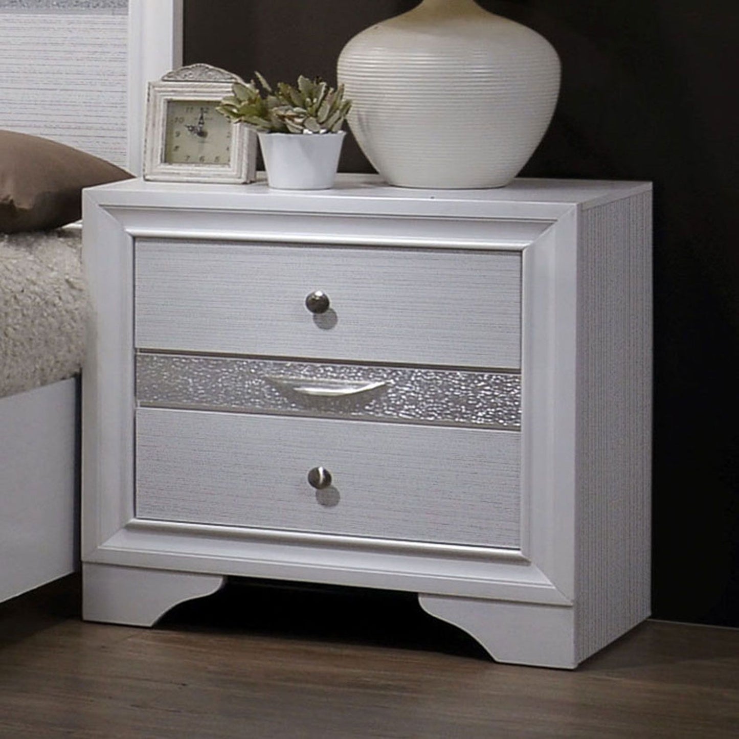 Nightstand white finish with silver accents, nickel round knob and hidden jewelry drawer